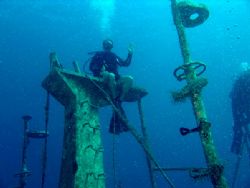 Roger on the wreck Chien Tong in St. Eustatius. We had a ... by Greg Cyr 